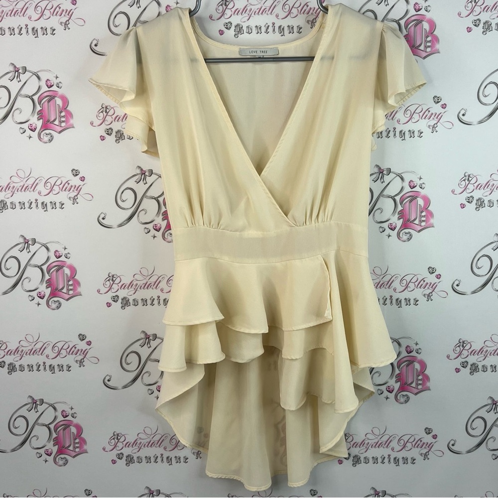 Love Tree tshirt blouse ruffle pleated style peplum white yellow Cream Blouse
